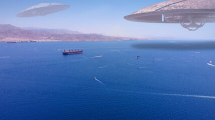 3D RENDERING-Alien ufo Saucers over Red sea with Jordan mountains, Tanker ships
Drone view with visual effect Elements,
