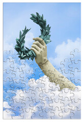 The slow construction of success and fame - Laurel wreath hand held by a bronze statue - concept...