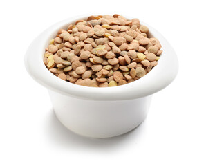 Raw lentils in bowl on white background