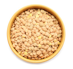 Raw lentils in bowl on white background