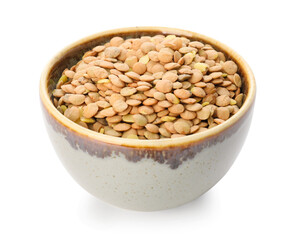 Raw lentils in bowl on white background