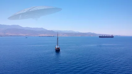 Foto auf Acrylglas 3D RENDERING- Alien ufo Saucers over Red sea with Jordan mountains and ships Drone view with visual effect Elements,  © ImageBank4U