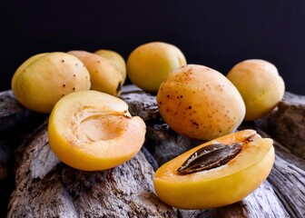 Fresh apricots on a wooden table. Dark background.