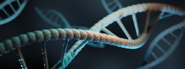 Blue particles of dna strucrure glowing over dark background. Genetic and medicine concept. 3d rendering