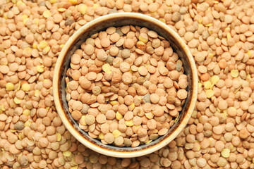 Bowl on raw lentils, top view