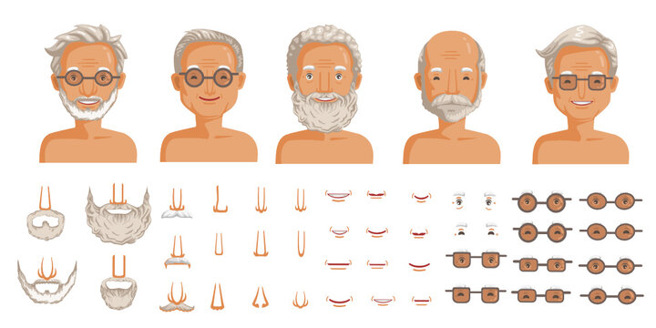 Elderly man face set. Elderly man head character creation. Eye, mouth, nose, eyebrows, mustache, beard, and hairstyles.