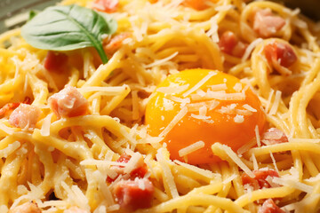 Tasty pasta carbonara, closeup view