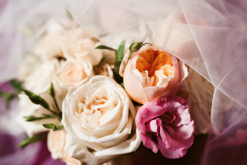 Bridal bouquet on the wedding day. Copy space for text. Floral decorations and backgrounds for holiday cards and invitations.