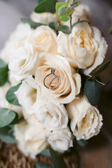 Bridal bouquet on the wedding day. Copy space for text. Floral decorations and backgrounds for holiday cards and invitations.