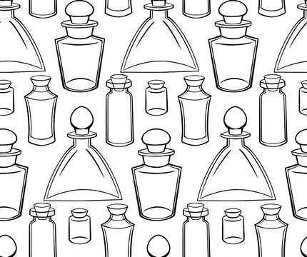 Seamless texture with outline bottles, flasks and jars on a white background. Magical pharmacy objects. Vector contour pattern for fabrics, wallpapers and your design.