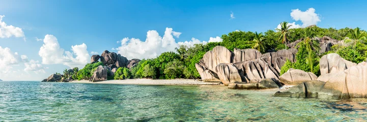 Crédence de cuisine en verre imprimé Anse Source D'Agent, île de La Digue, Seychelles Vue panoramique sur la plage d& 39 Anse Source d& 39 Argent aux Seychelles