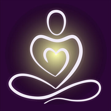 Meditating person with inside glow from heart. Abstract logo icon template. Vector illustration.
