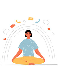 Woman meditating in lotus pose. Digital detox.