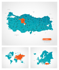 Editable template of map of Turkey with marks. Turkey on world map and on Europe map.