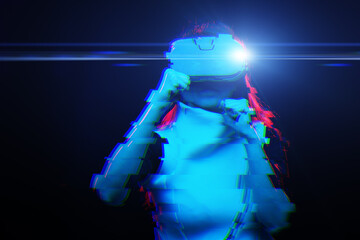 Woman with virtual reality headset is playing game and fighting. Image with glitch effect.