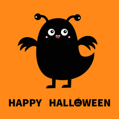 Happy Halloween. Monster black silhouette. Cute cartoon kawaii bird character icon. Eyes, wings, horns. Funny baby collection. Flat design. Orange background. Isolated.