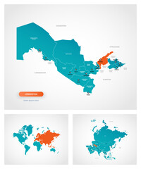 Editable template of map of Uzbekistan with marks. Uzbekistan on world map and on Asia map.