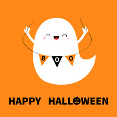 Ghost spirit holding bunting flag Boo. Happy Halloween. Cute cartoon kawaii spooky character. Flying scary white ghosts. Smiling face, hands. Orange background. Greeting card. Flat design.