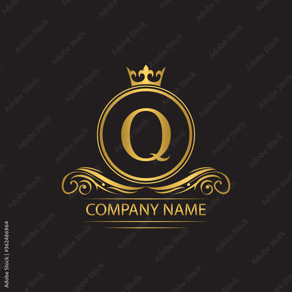 Sticker Golden letter Q template  logo Luxury letter with crown.  Monogram alphabet . Beautiful royal initials letter.