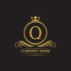 Golden letter Q template  logo Luxury letter with crown.  Monogram alphabet . Beautiful royal initials letter.