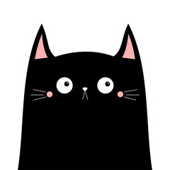 Cute black cat kitten kitty head silhouette icon. Kawaii cartoon character. Sad face. Happy Valentines Day. Pink cheeks. Baby greeting card tshirt notebook cover print. White background. Flat design.