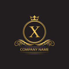 Golden letter X template  logo Luxury letter with crown.  Monogram alphabet . Beautiful royal initials letter.