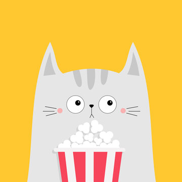 Cat and popcorn box. Kitten watching movie. Cute cartoon funny character. Kids print for tshirt notebook cover. Cinema theater. Film show. Isolated. Yellow background. Flat design