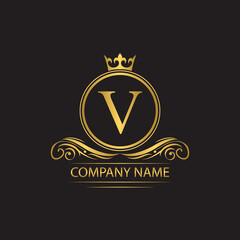 Golden letter V template  logo Luxury letter with crown.  Monogram alphabet . Beautiful royal initials letter.