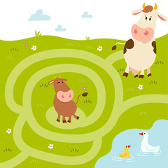 Matching children educational game with farm animals. Activity for preschool years kids and toddlers. Worksheet for children's magazine, leisure activity. 