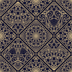 Seamless lace patchwork in gold on black background. Vintage abstract pattern in turkish style. Hand drawn background. Islamic, Arabic, Indian, Ottoman motifs. Vector illustration