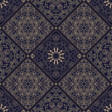 Seamless lace patchwork in gold on black background. Vintage abstract pattern in turkish style. Hand drawn background. Islamic, Arabic, Indian, Ottoman motifs. Vector illustration