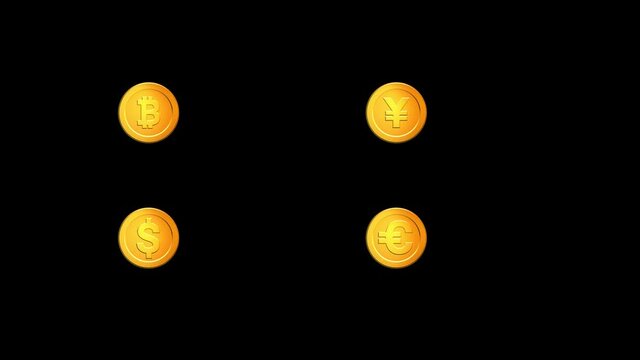 4K All Coins 2 Vertical Row
Bath Yen Dollar Euro Bitcoin
Cartoon Shade Color coins are rotation
in 2 Vertical row.
