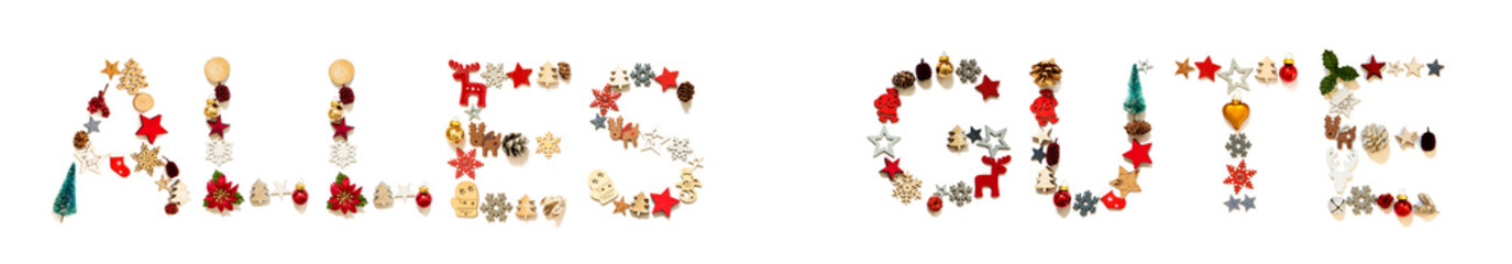 Colorful Christmas Decoration Letter Building German Word Alles Gute Means Best Wishes. Festive Ornament Like Christmas Tree, Star And Ball. White Isolated Background