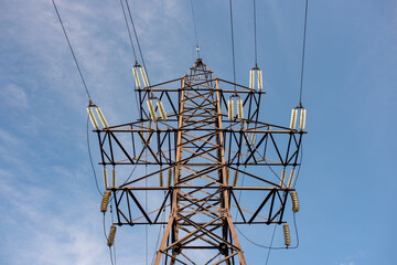 power line support with wires for electricity transmission, energy industry, energy saving