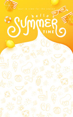 Summer banner design with beach accessories on the yellow background and copy space.