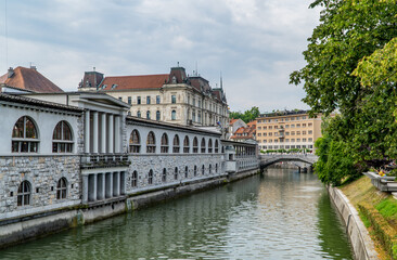 Fototapeta na wymiar The river Ljubljanica in Ljubljana, Slovenia with traditional Slovenian houses