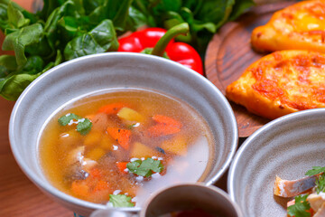 Kharcho soup. Beef soup with vegetables and spices. A traditional dish of Georgian cuisine.