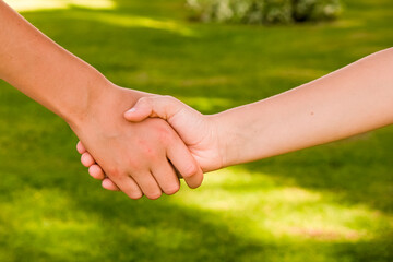 Two brothers or friends holding hands outside on green grass background. Love and family concept, unity.