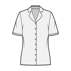 Pajama style blouse technical fashion illustration with notched lapel collar, short sleeves, loose fit body. Flat apparel template front, grey color. Women, men unisex CAD garment designer mockup