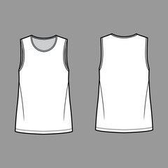 T-shirt technical fashion illustration with crew neck, fitted oversized body sleeveless, flat style. Apparel template front and back white color. Women and men unisex garment mockup for designer.