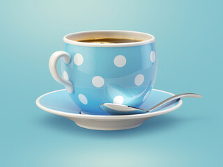 3d rendering of a blue cup of coffee with spoon