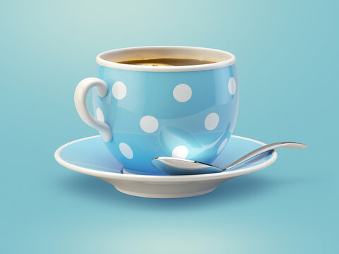 3d rendering of a blue cup of coffee with spoon