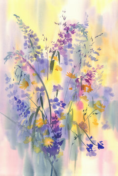A bouquet of colorful summer meadow flowers watercolor background
