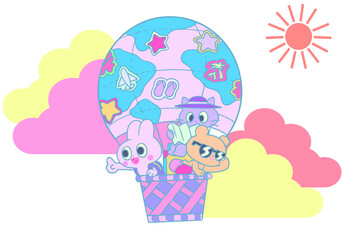 気球に乗って旅をするウサギとクマとネコイラスト