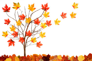 Branches Building Tree With Bright Colorful Leaf Decoration. Red And Yellow Leaves Flying Away Due...