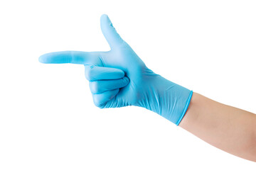 Doctor's hand in medical gloves pointing by finger on side isolated on white