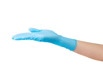 Doctor's hand in medical gloves showing something on palm isolated on white