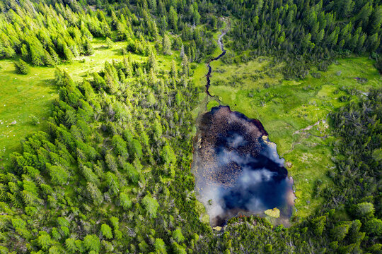 Valmalenco, Italy, aerial view of the pond at Alpe Entova
