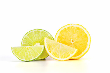 Lemon and lime slices on white background.