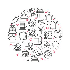 Vector illustration of sewing, knitting and needlework with yarn, sewing machine, needles, tape, zip, wool, scissors, thread, iron. Infographics for web design and poster isolated on white background.